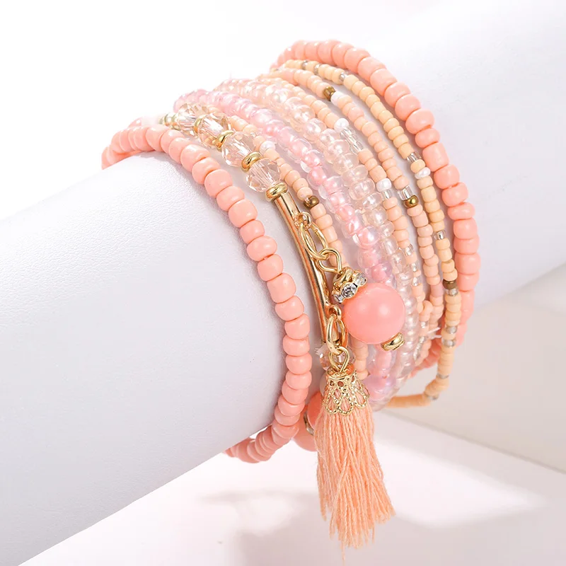 Bohemian Multi-layer Colorful Weave Round Beaded Tassel Bracelet Retro Rice Adjustable Rope Ethnic Bangles Wholesale | Украшения и
