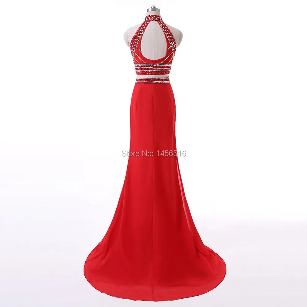 123013 Вт Vestidos De Fiesta модные Средства ухода за кожей Шеи пол Длина Кристалл бисера Разделение Вечерние платья Красный две части Выпускные платья
