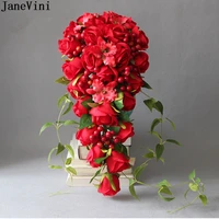 janevini romantic bridal bouquets wedding flowers artificial red silk roses waterfall brides brooch bouquets accesorios de novia