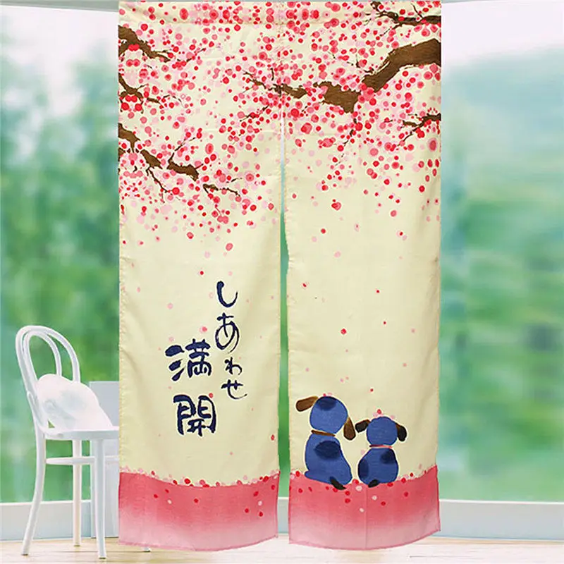 Романтическая цветущая вишня и маленькая собака, японский Норен, дверной занавес, 85X150 см, декоративная занавес для двери
