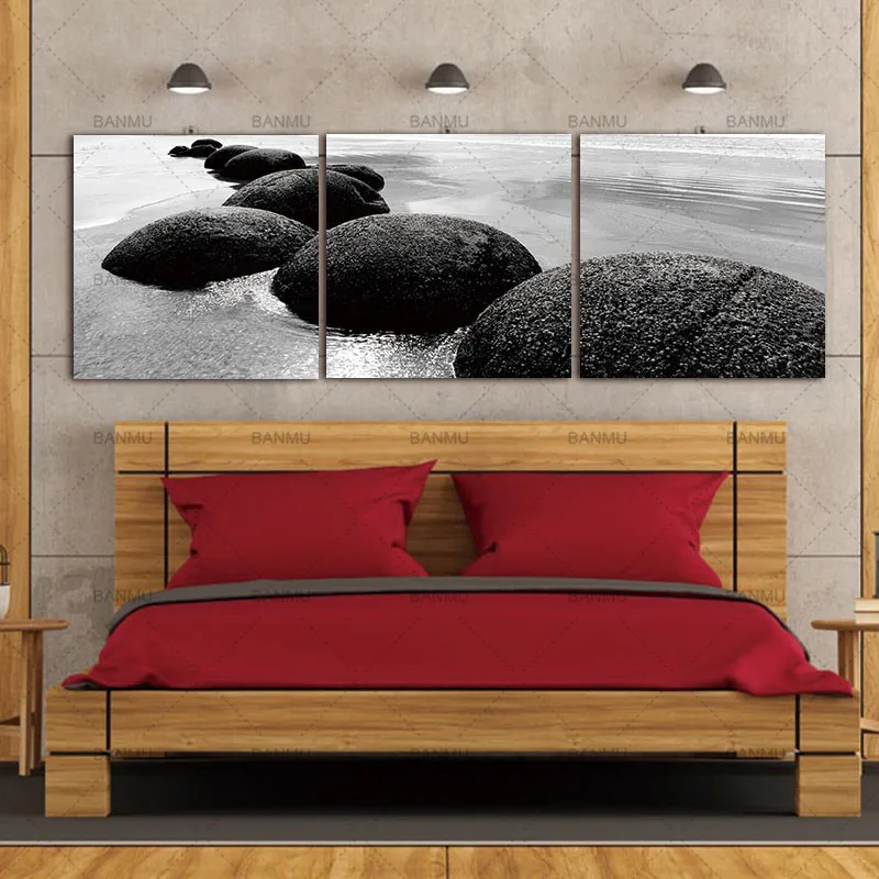 3 Панели черно белая морская волна Rush In Stone Wall Art Живопись Картины Печать на холсте