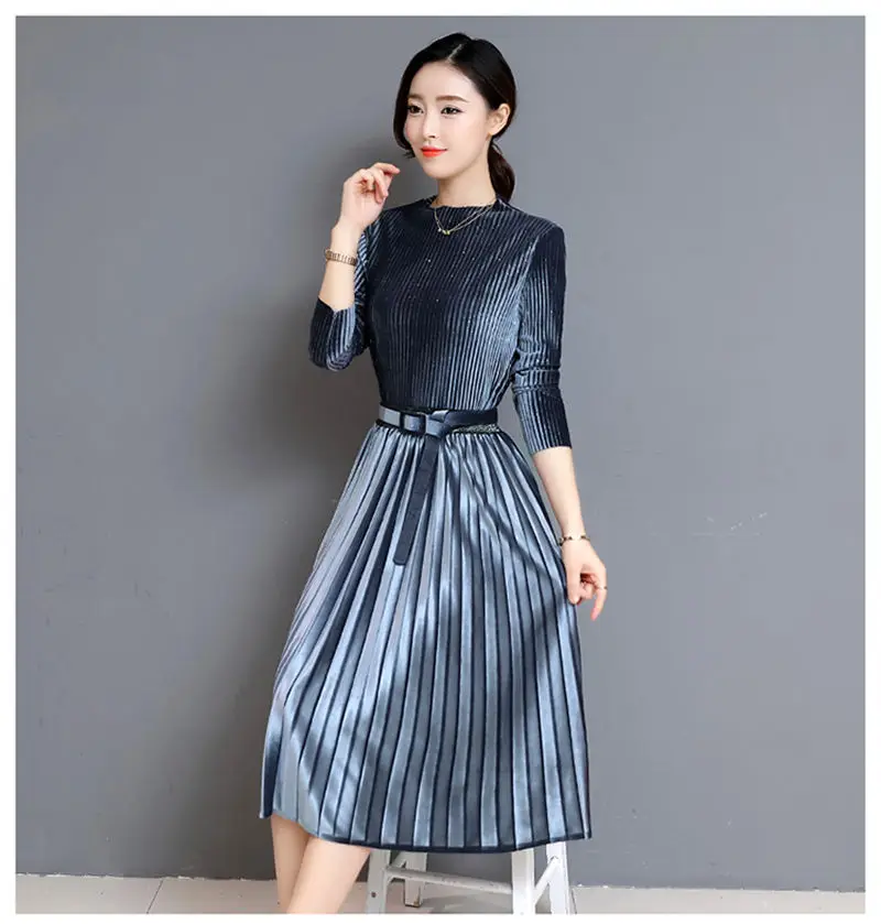 Fashion Autumn Winter Women Dress Elegant Sexy Pleate Female Dress Vintage Long Sleeve Velvet Two-piece suit Dresses vestidos