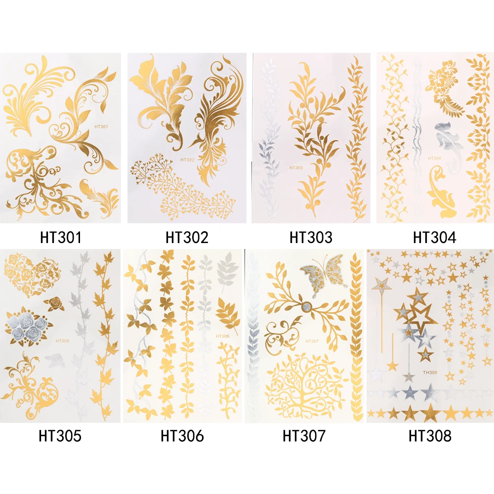 1 лист новинка модные переводные наклейки золото серебро звезда флэш-Татуировка