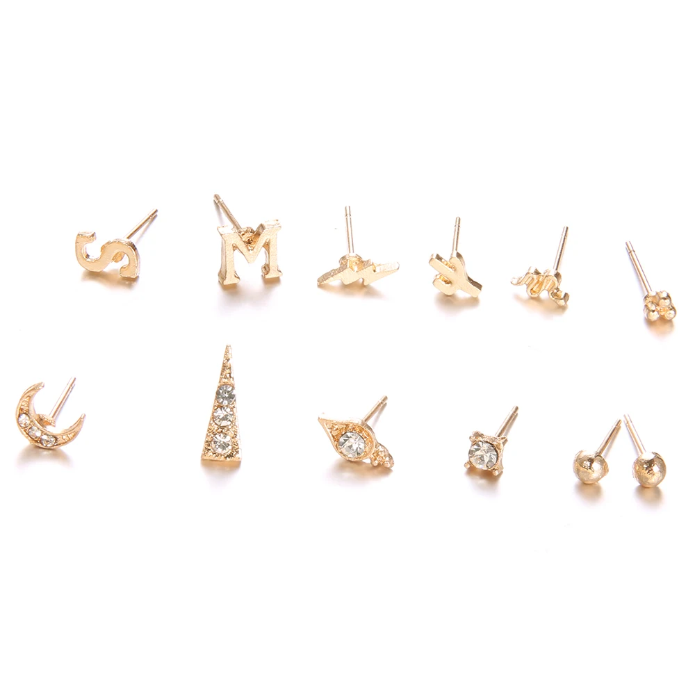 12 шт./компл. Mix Bijoux(украшения своими руками) с цветочным принтом кактус буквы из кристаллов серьги-гвоздики в форме комплект для женщин: Boucle D'oreille ювелирные изделия ослепительные Серьги Brincos, можно носить