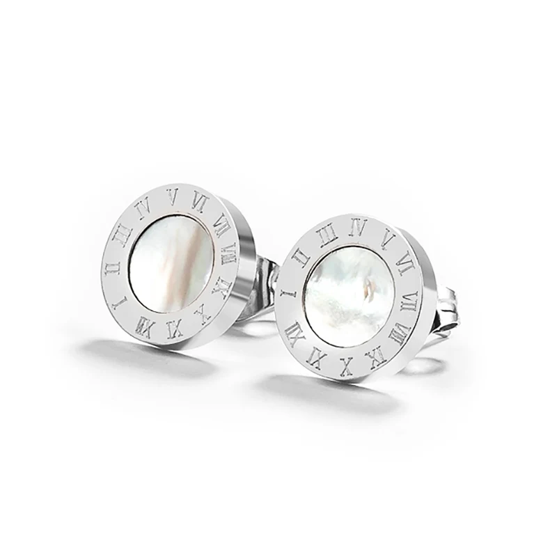 Silver White Корейские простые массивные серьги из нержавеющей стали, серьги-гвоздики для женщин, винтажные римские цифры, кристалл, маленькие серьги, ювелирные изделия - Окраска металла: Silver White