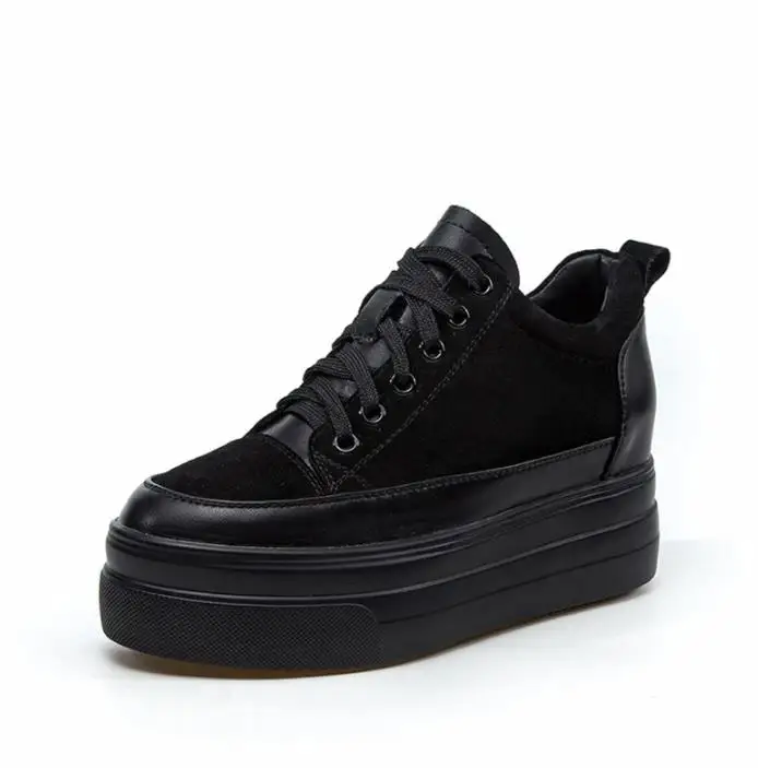 Single shoes Новинка; Зимние ботильоны; кроссовки; женская обувь из натуральной кожи на плоской подошве; женские черные плюшевые полусапожки на меху; черная обувь на платформе - Цвет: Single shoes