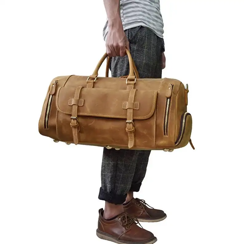 Crazy Horse Leather Duffel With Shoes Pouch Handmade Travel Bag Vacation Holdall Personalized Overnight Distressed |