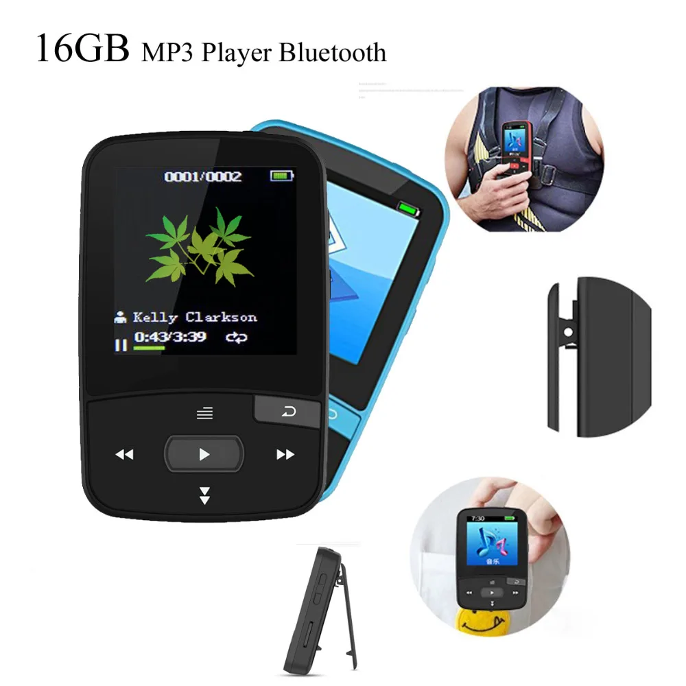 MP3 плеер, Bluetooth, 16 ГБ, клип, MP3, спорт, бег, экран 1,5, с поддержкой FM, Micro SD карта, MP3 музыкальный плеер, до 128 ГБ