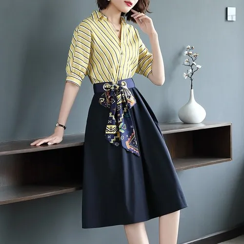 Новое летнее платье женское элегантное блестящее Полосатое рубашка с v образным