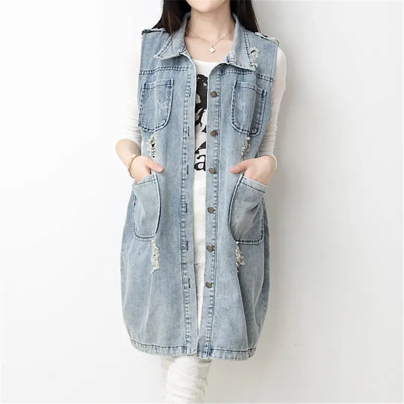 Новинка 2017 Весенняя стильная женская джинсовая жилетка большого размера средней