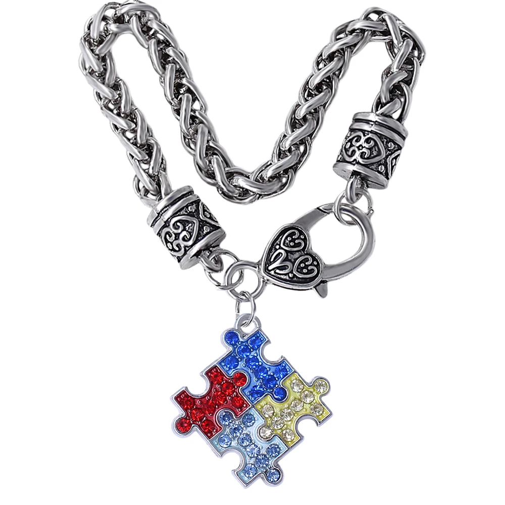 Fashion colorful rhinestone inlay square autism puzzle jigsaw metal pendant bracelet FIT for best autistic jewelry bangle | Украшения и