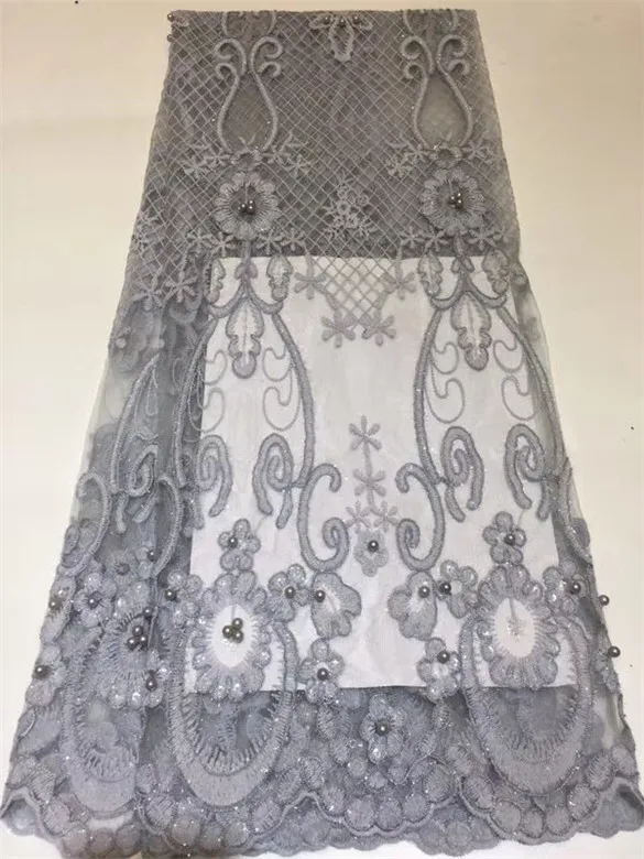 Высокое качество серый кружевная свадебная ткань с бусинами вышивкой 3d цветок