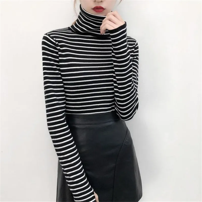 Chic Wind Knitted Sweater And Pullovers Women 2019 Fashion High Collar Striped Slim Pullover Classic Wild Basic Sweaters D716 | Женская