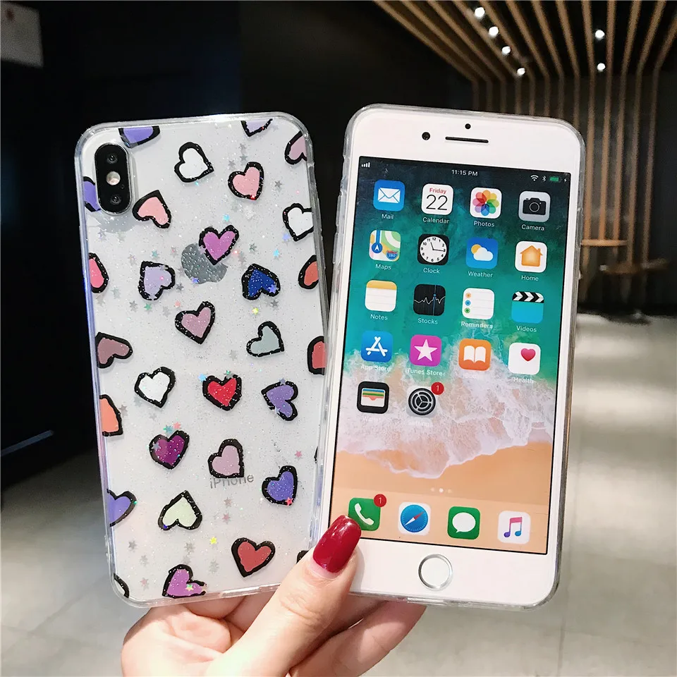 Glitter love heart phone cover carcasa for Apple iPhone X XR XS MAX 6s 8 plus 6 7 cell cases |