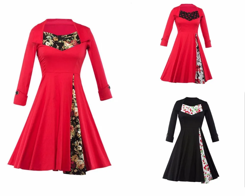 Fashion Ladies Long Sleeve Floral Polka Dots Print Patchwork Dress Casual Vintage Of 1950s 1960s | Женская одежда