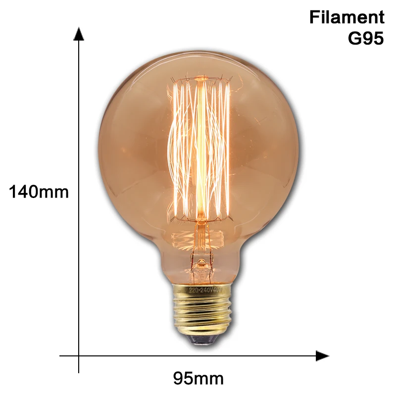 G95 Filament Ретро винтажная лампочка эдисона E27 40 Вт 220 В ампула винтажная лампочка эдисона лампа накаливания светодиодный светильник в стиле ретро - Цвет: G95 Filament
