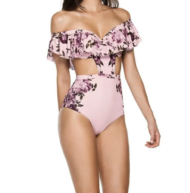 2018 Women Bikini One Piece Swimsuit Off Shoulder Prints Pink Print Floral Swimwear Low Neck Beach Suit High Waist Chic | Спорт и