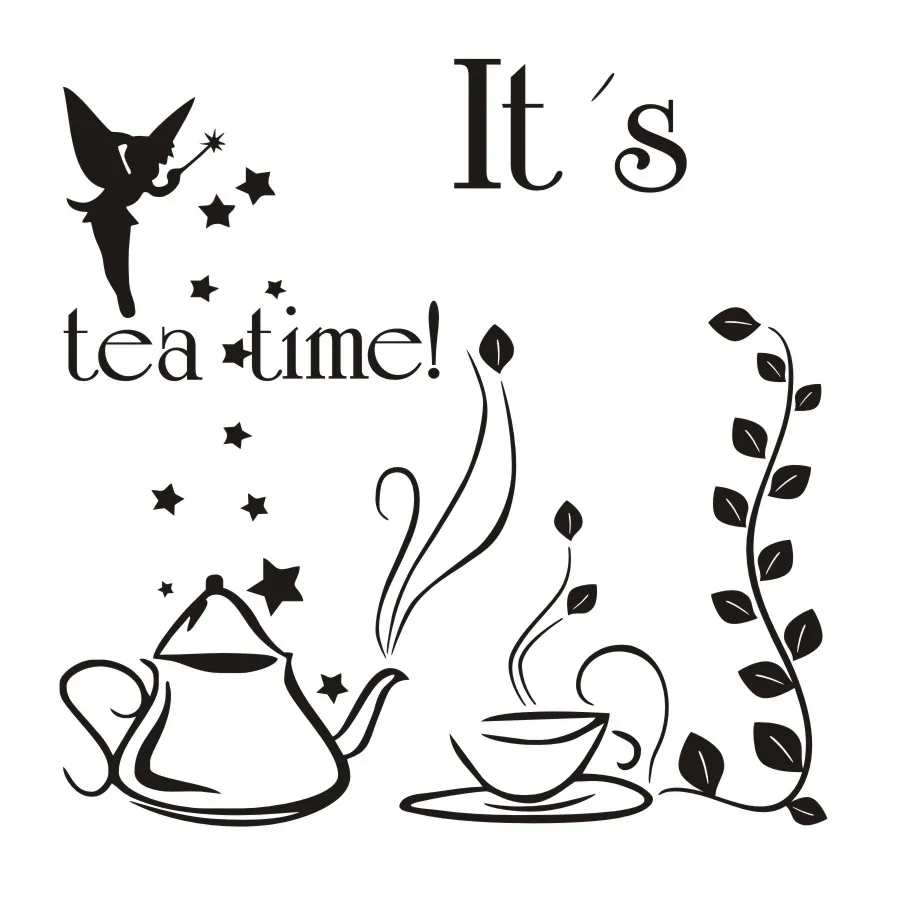 It's Tea Time Fairy With Wand Teapot And Cup Creative Design Diy Wall Stickers Kitchen Decal Home Decor Restaurant Decoration | Дом и сад