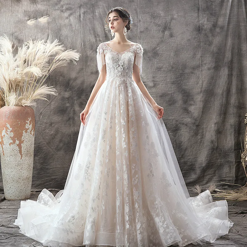 SSYfashion класса люкс с v-образным вырезом с короткими рукавами и кружевами на спине бальное платье развертки Поезд Кружева Свадебное платье на заказ; Большие размеры Vestido De Novia