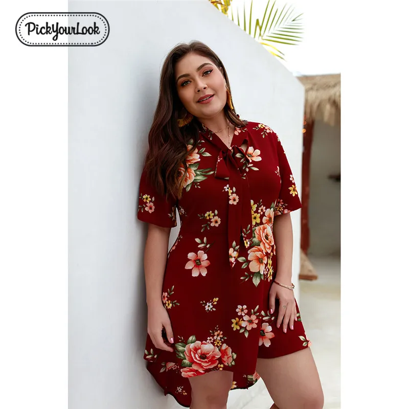 Wine red Pickyourlook, винтажное женское платье размера плюс, летнее, с цветочным принтом, женское мини-платье, короткий рукав, Ретро стиль, богемное, для девушек, Vestidos - Цвет: Wine red