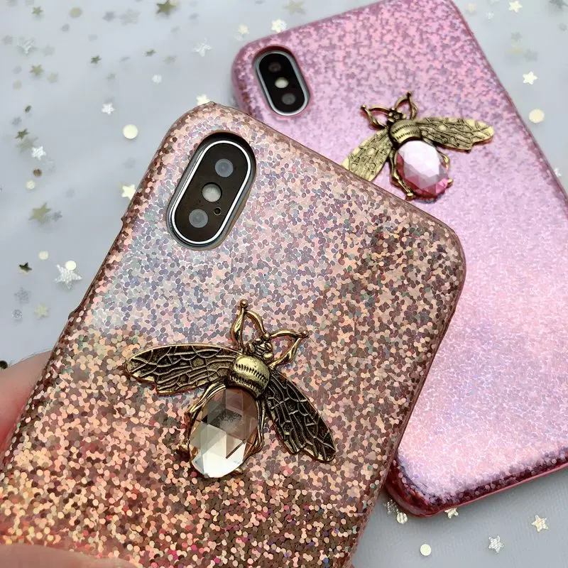 Блестящий лазерный половинный 3D чехол с Пчелкой для iPhone X XR XS MAX 8 7 6 блестящий из