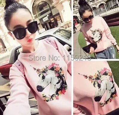 Free shipping 2014 new winter women's pink horse printing round neck long-sleeved warm cotton woman342 | Женская одежда