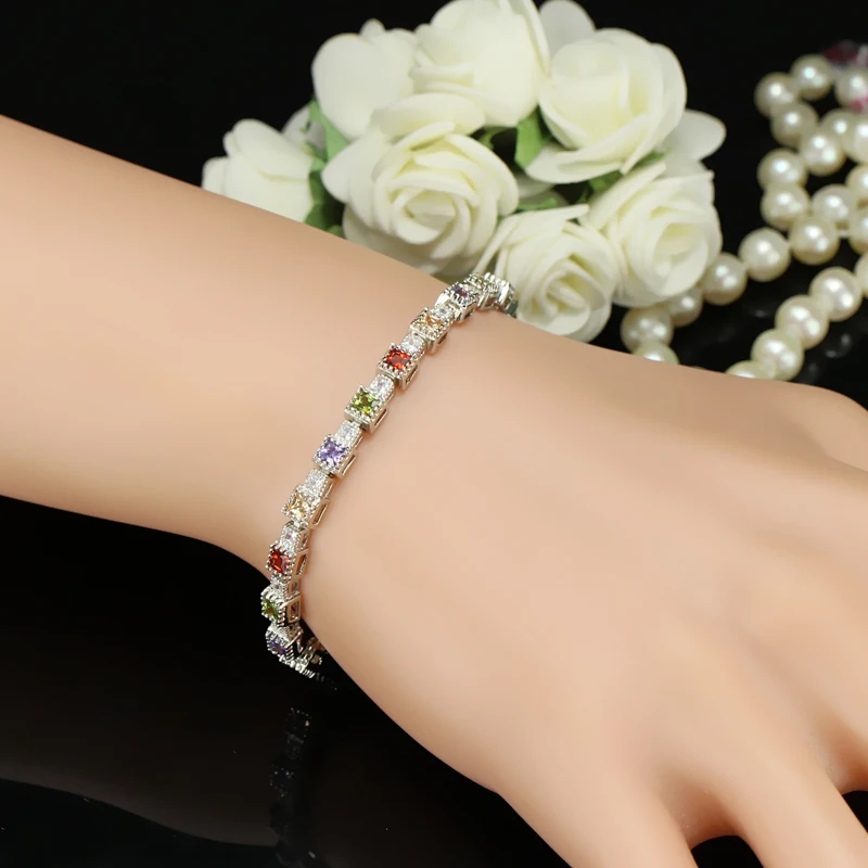 ANGELCZ изысканные 925 пробы серебряные CZ теннисные браслеты Браслеты инкрустированные квадратные красный зеленый кубический цирконий ювелирные изделия для женщин AB108