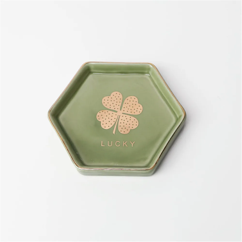 Nordic Green Ceramic Plate Chic Hexagon Jewelry Tray Lucky Four-leaf Clover Storage Handmade Golden Rim Dish | Дом и сад
