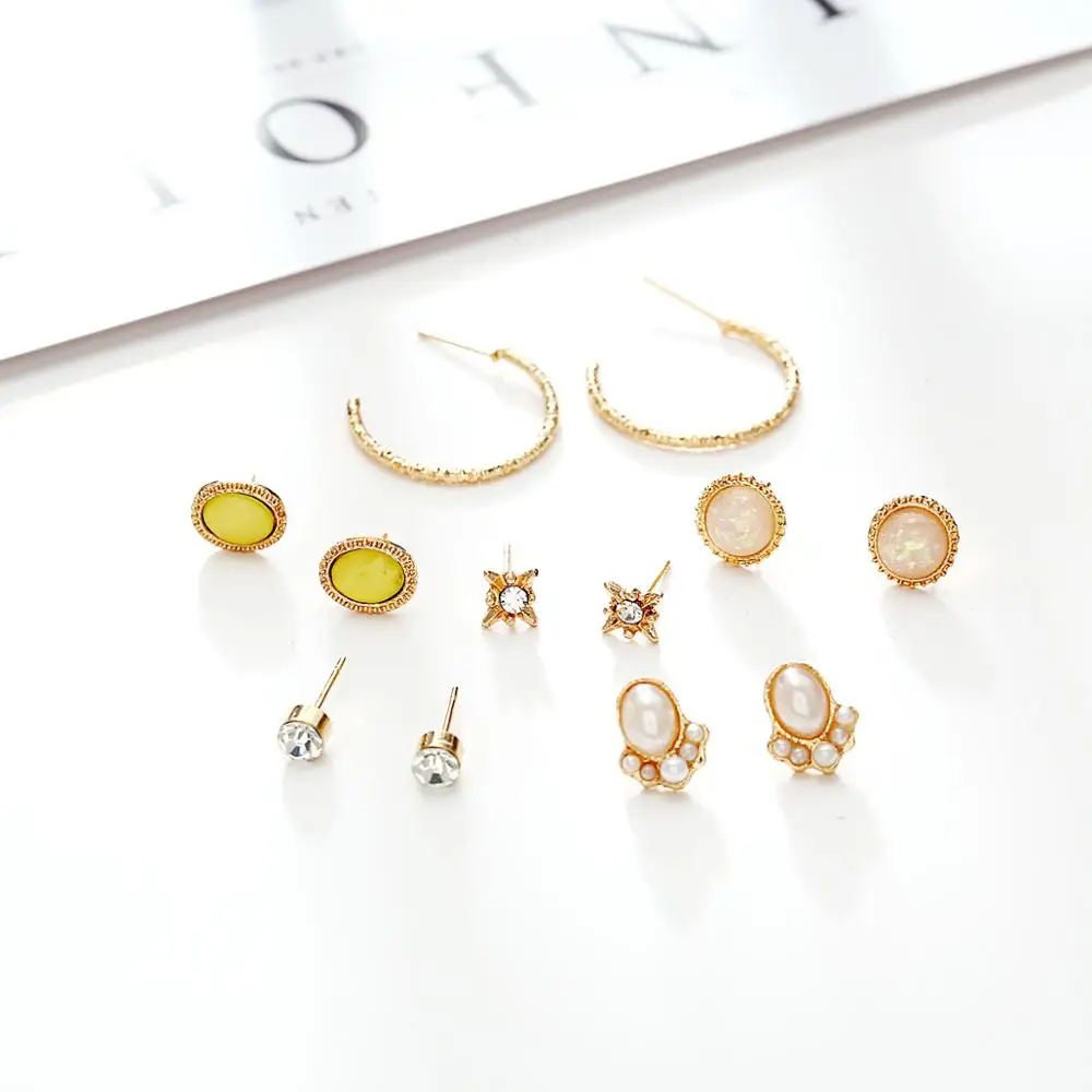 RLOPAY 6 Pairs/sets Alloy Geometric Earrings Women Girl Fashion Pearl CZ Bead Gold Color Jewelry Metal Stud Set | Украшения и