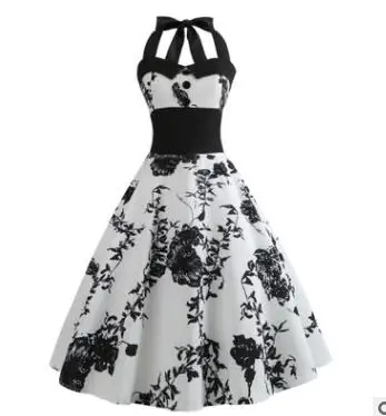 HGFS Summer Dress 2019 Robe Vintage Pin Up Women Floral Print Halter Big Swing 1950s 60s Retro Rockabilly Party Dresses | Женская одежда