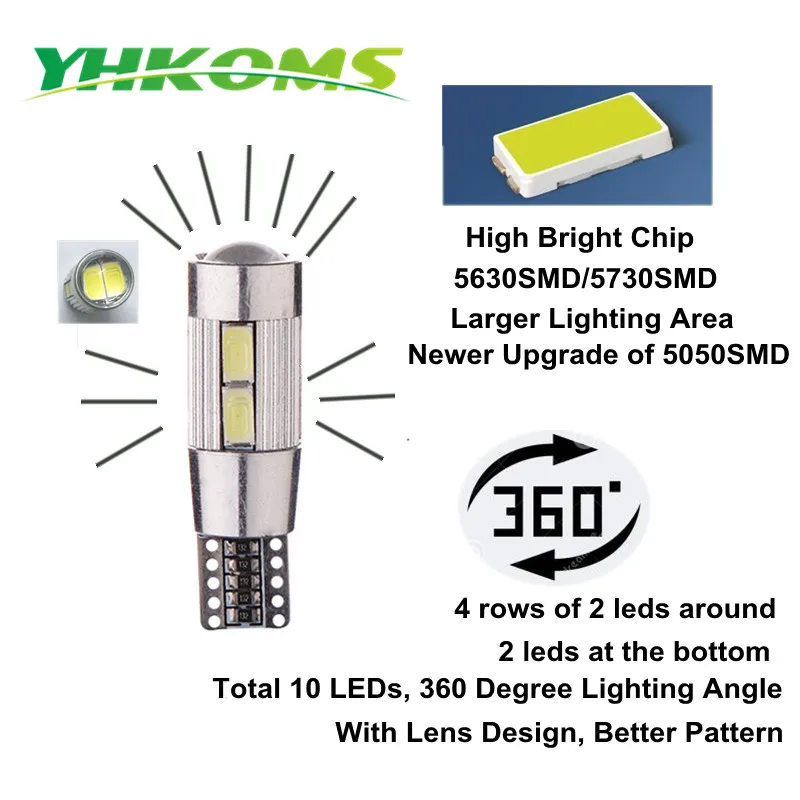 Yhkoms 10 шт. T10 W5W светодиодные лампы 10smd 5630 салона Свет 194 168 Canbus LED Парковка свет авто Номерные знаки для мотоциклов свет 12 В 6000 К