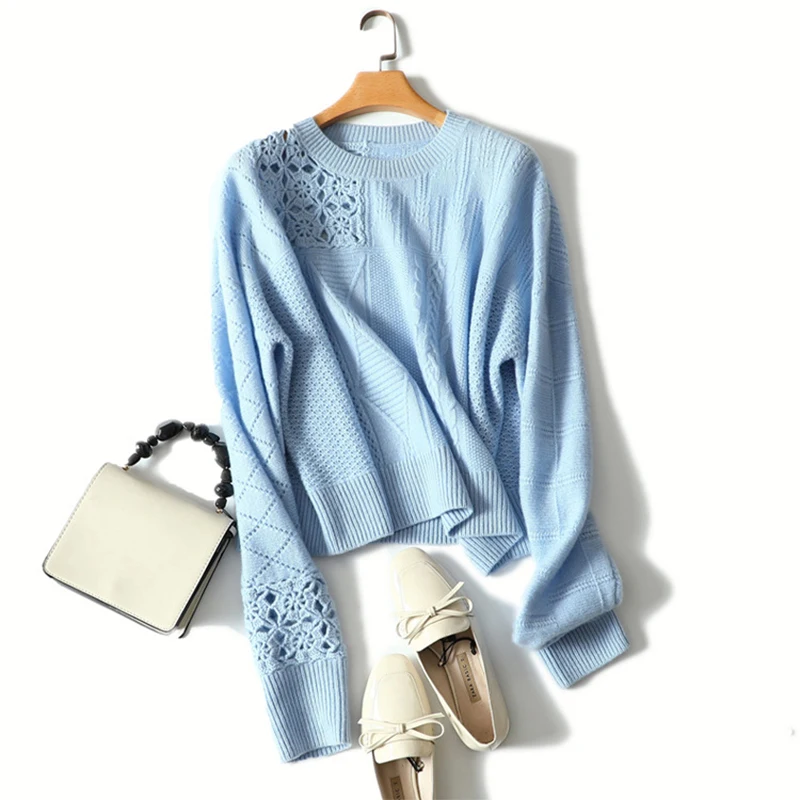 New O Neck Pink Knitted Sweater Women 100% Cashmere Jumper Female Autumn Long Sleeve Plus Size Hollow Out Tops | Женская одежда