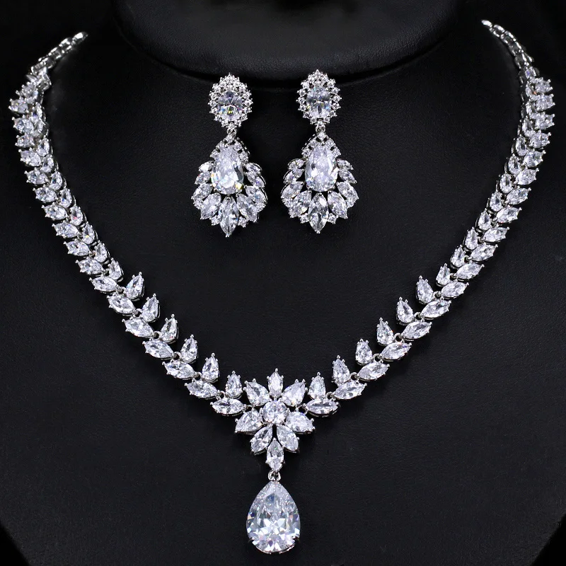 BeaQueen High Quality Cubic Zirconia Stone Wedding Jewellery Water Drop Bridal Earrings Necklace Sets for Women JS125|Ювелирные наборы