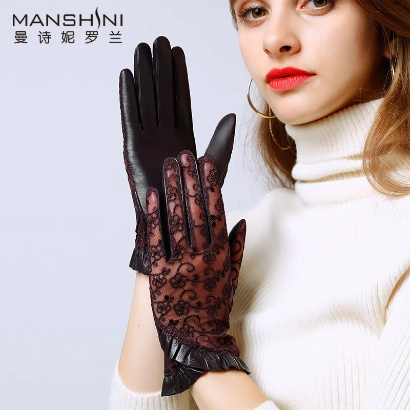 

Winter women's fashion driving touch screen gloves lace splicing genuine leather glove sheepskin thin slip-proof gloves L082