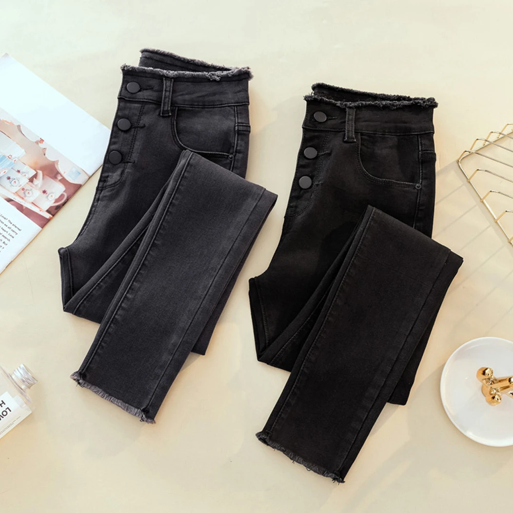 

High Waist Mom Jeans Women Tassel Breasted Skinny Pencil Pants Vintage Stretch Black Gray Denim Pants Casual Streetwear Jeans