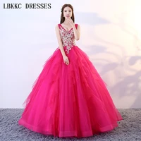quinceanera dresses hot pink ball gown tulle lace vestidos de 15 anos sweet 16 dresses for 15 years v neck vestido debutante