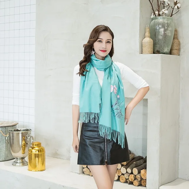 

Autumn Winter New Water lily Embroider Shawl Scarves Women Brand Shawls Long Korea Pashmina Cashmere Shawl Scarf With Tassel