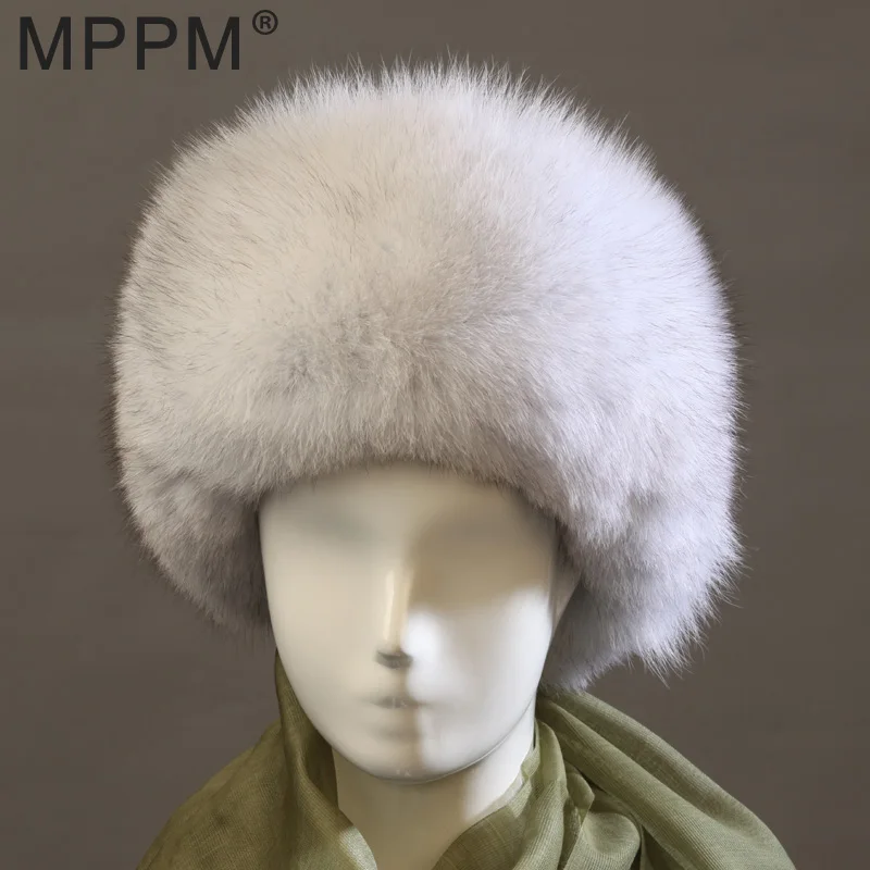 Mppm Горячие натуральным лисьим мехом шляпа белый Лисья шапка вся кожа из российских женщин зима теплая шапка высокое качество, лучшие подарок для любителя, мать