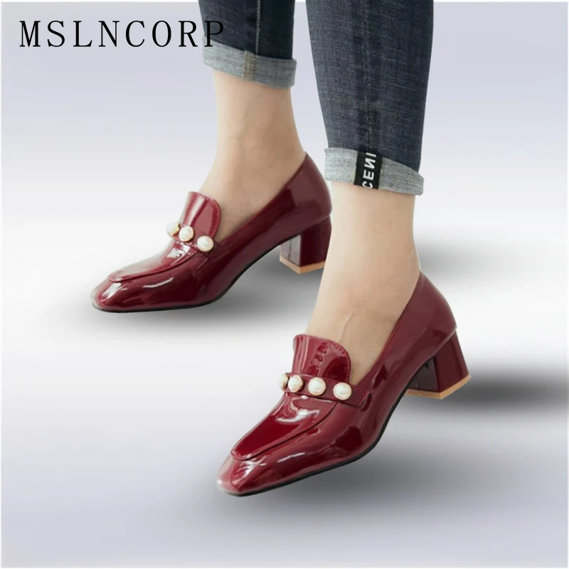 

Plus Size 34-47 Patent Leather women pumps luxury handmade pearls Dress women shoes Square Toe heels office party Wedding pumps
