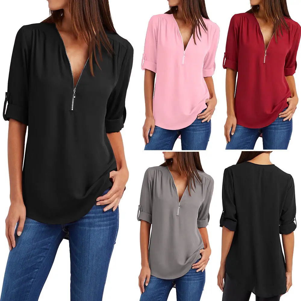 Женская Повседневная Летняя женская блуза с v-образным вырезом на молнии