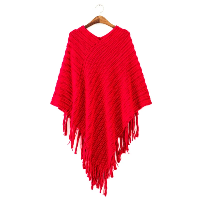 Женское Трикотажное пончо с V-образным вырезом и кисточками | Женская одежда