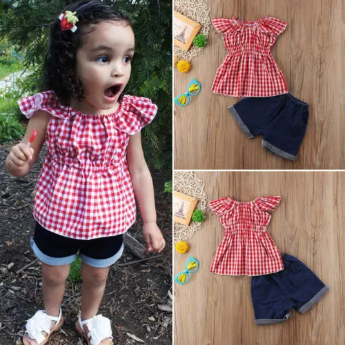 Комплекты одежды для маленьких девочек милые детские клетчатые топы футболка
