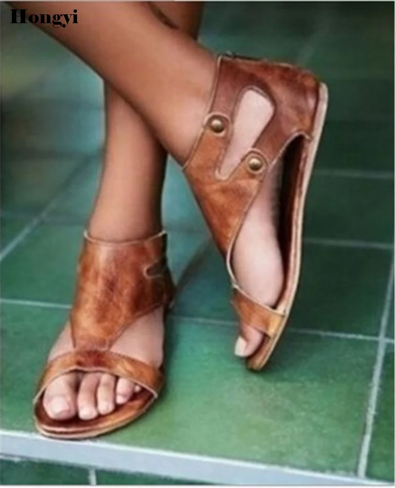 

New 2018 Fashion Leather gladiator Sandals women Summer Ladies Dress shoes woman Beach Shoes Flat Sandals