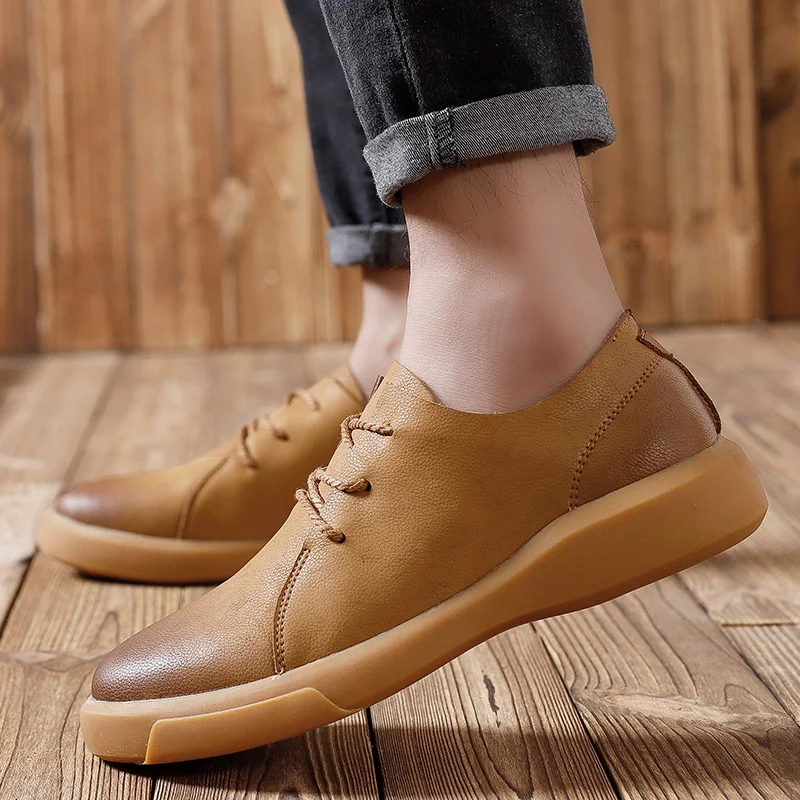 Leather Casual Shoes Men Soft Leisure Loafers for MAN Simple Design Lace-Up Men's Driving Drop Shipping | Обувь