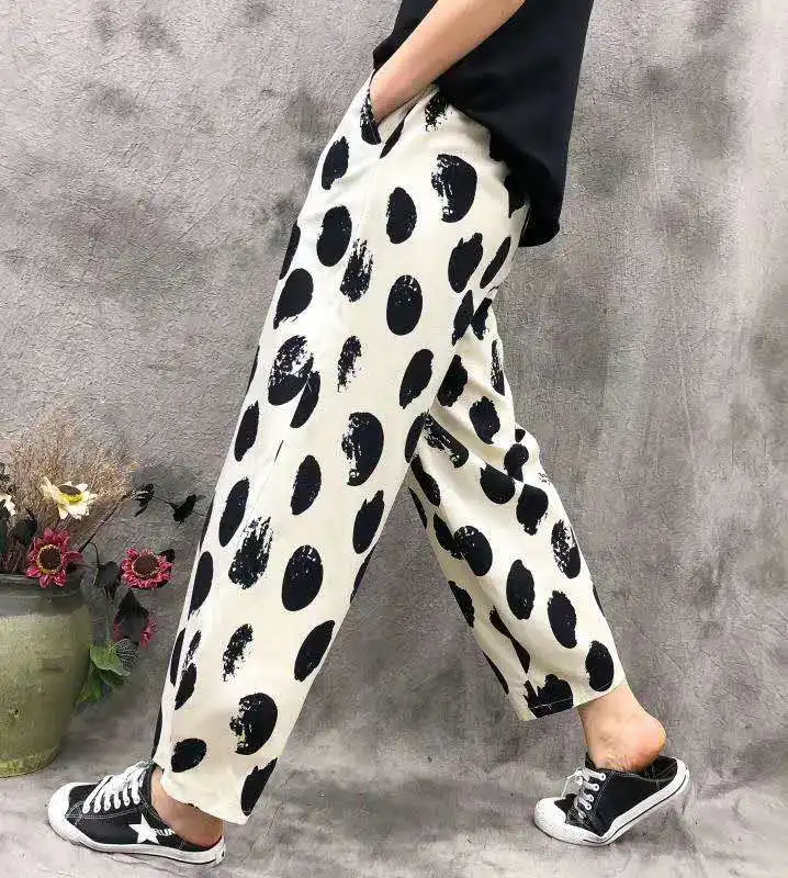 Summer Hip Hop New Print Linen Shorts Women Summer Casual Harem Leg Shorts Pockets Elastic Waist Loose Short Vintage autumn