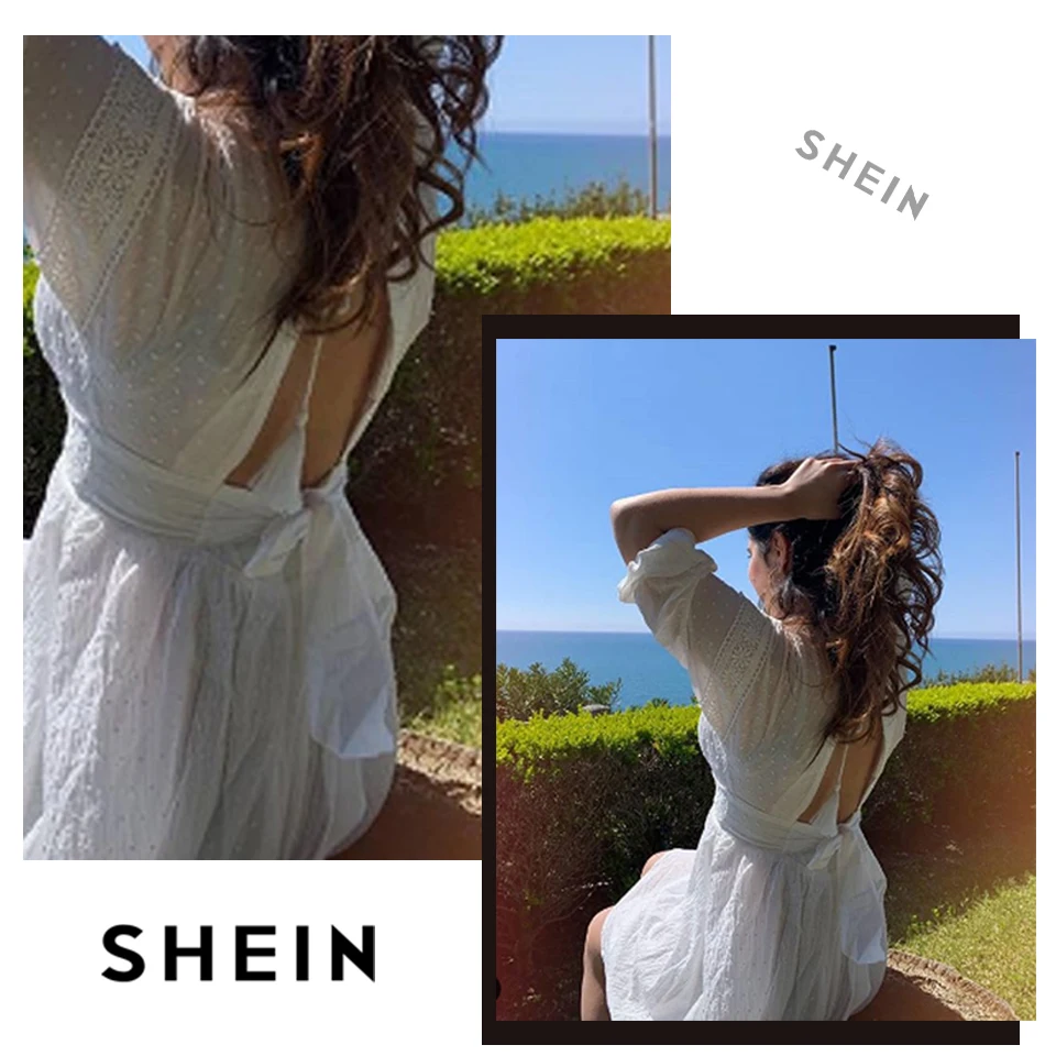 SHEIN Жаккардовое Платье С V-Образным Глубоким Вырезом И Кружевом Женское Весеннее Богемное Платье С Длинными Рукавами