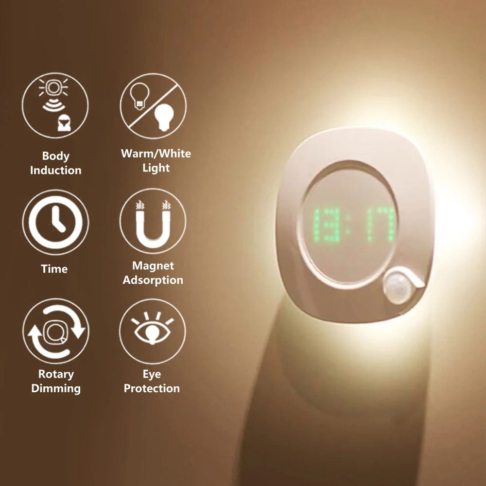PIR Motion Sensor LED Night Light with Time Clock Bedroom Stairs Wall Lamp Battery Power 2 Lighting Color Adjustable Brightness | Освещение