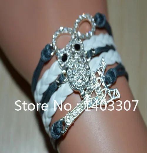 6Pcs 2014 Hot Sale Womens Leather Rope Bracelet Bangles Vintage Crystal Alloy Owl Eiffel Tower Infinity Men Pulseira | Украшения и