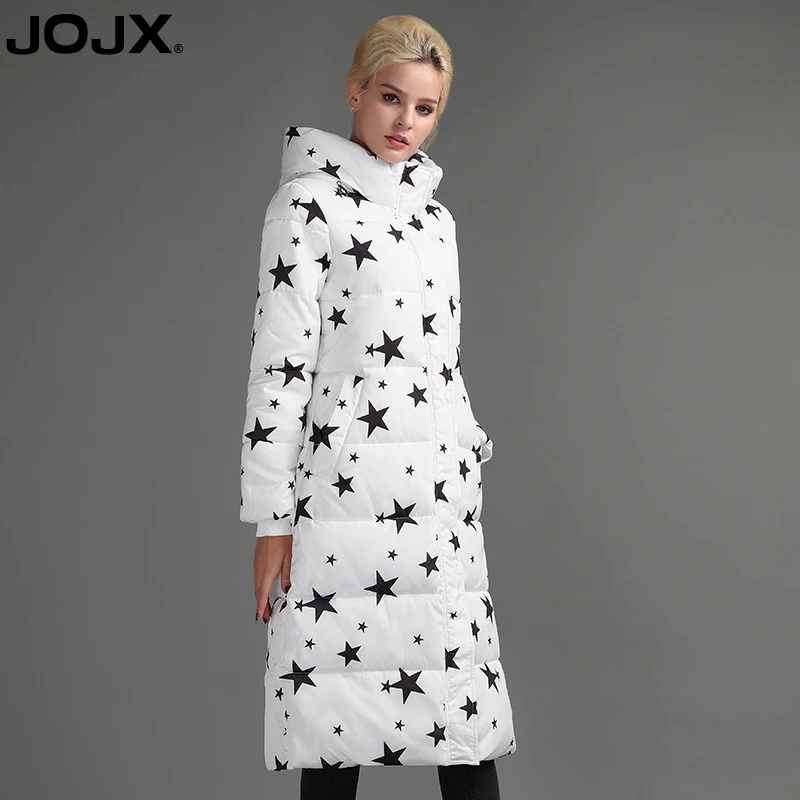 JOJX Новая женская зимняя куртка с принтом, длинный пуховик с капюшоном, теплые зимние парки, модное пальто, женские зимние стеганые пальто
