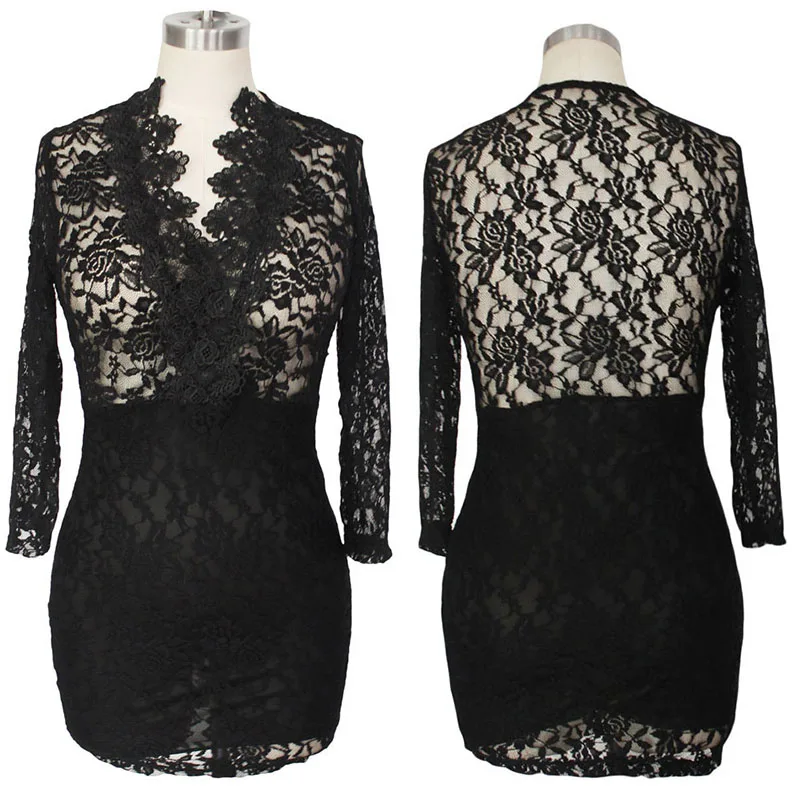 

SEBOWEL Black Lace Deep V-neck Mini Sexy Club Sheath Dress Woman Long Sleeve Floral Lace Hollow Out Female Bodycon Slim Dresses